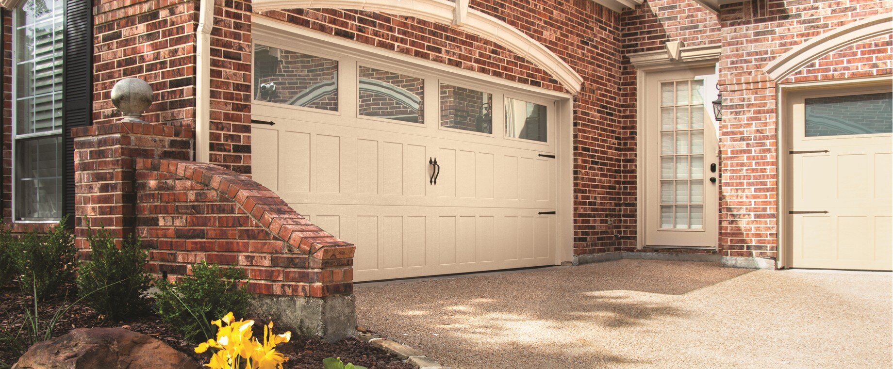 Designer Steel-8310, Riverton Panel Design, Almond Finish, Plain Windows Designer Steel Garage Doors, Model 8310, Albuquerque, NM